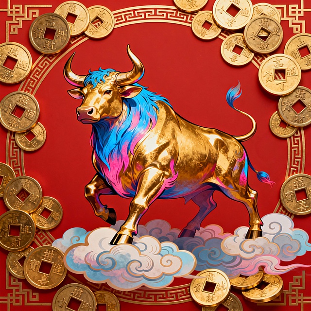 国潮风格的生肖牛，红色背景，金色铜钱围绕，动物主体为金色，毛发带有蓝粉渐变，姿态霸气，脚下有祥云