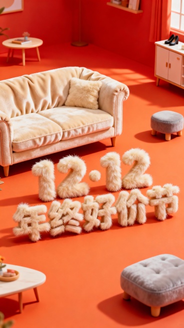 主视觉为一个奶油风绒布沙发，沙发前展示毛绒文字文字 “12·12 年终好价节”。背景为高饱和橙红配色，微缩元素（茶几、柜子、鞋凳）装饰。预览效果