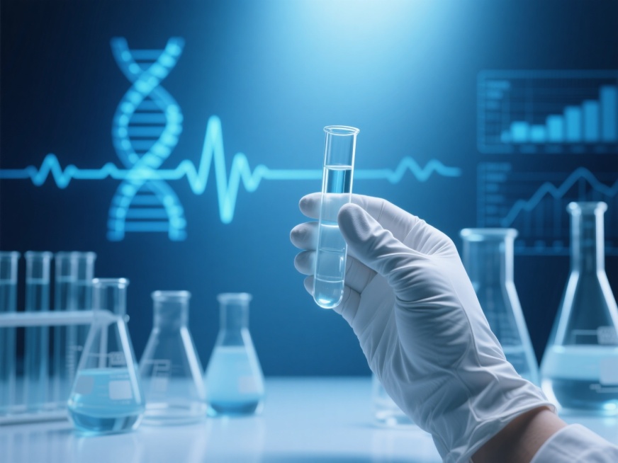 超写实风格医疗背景，主色调为科技蓝与深蓝渐变，柔和的侧顶光源营造出明亮通透的氛围，光线在玻璃器皿上形成清晰的高光与细腻阴影。前景中，戴着白色无菌手套的手正小心翼翼地握着一支装有透明液体的玻璃试管，手指关节自然弯曲，手套纹理清晰可见。背景中虚化的实验室环境里，多个不同形状的玻璃烧杯与试管整齐排列，后方叠加着动态的蓝色医疗数据波形图、DNA双螺旋结构和医疗图表的半透明全息投影效果，整体呈现出科技感……预览效果