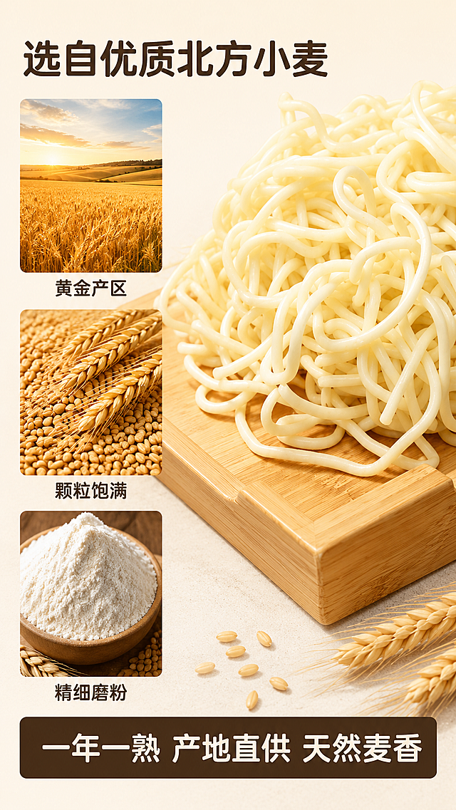 [第2屏] 吉美熟面条原料产地展示。
[氛围/风格] 自然田园风，浅米黄统一底色，暖光自然氛围，真实干净的原料展示。
[元素布局] 画面左侧区域放置三张竖向实景小图：第一张金黄色麦田远景，第二张收获的小麦颗粒微距，第三张磨好的小麦面粉特写。右侧区域放大展示原熟面条实物，保持面条米白色泽、圆润粗圆条形与输入产品图一致。底部使用深棕色标签条放置产地说明文字。整体信息密度饱满，层次分明。
[光影质感] 整体均匀暖光，原料细节清晰，面条保留温润光泽，背景干净不抢主体。
[配色色系] 全局底色：#F5F0E6（浅米黄）；主体配色：#F8F3D9（面条米白）+ #E6C79C（木色）；辅助色：#D4AF37（麦穗金）+ #333333（文字深棕）。完全复用首屏配色。
[字体与标题版式] 字形：标题选用圆角黑体，正文配合同家族无衬线，全套复用此路线，不换风格。字色：仅使用深棕一种，不新增颜色。字效：纯色填充，全套沿用。
[文字版式] 左上大标题「选自优质北方小麦」，圆角黑体深棕色；左侧三张图下方分别标注「黄金产区」「颗粒饱满」「精细磨粉」小字；底部深棕色标签条放置文案「一年一熟 产地直供 天然麦香」，白色字体。整体文字不遮挡主要原料和面条展示。
[视角构图] 左侧竖向三图+右侧产品主展示，左右分栏构图，信息层次清晰。
[比例分辨率] 9:16 竖版比例，2k 分辨率，文字清晰可辨，超高清。
[负向提示词] 面条变形，颜色偏差，水印，文字错乱，产品图模糊，背景杂乱。