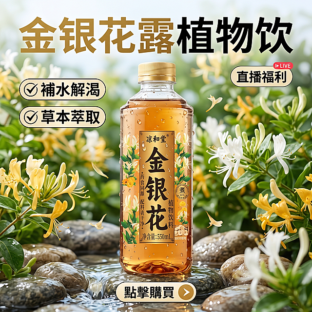 金银花饮料，草本饮料，植物萃取，补水解渴，清新自然场景，突出产品，抖音电商主图，产品特写