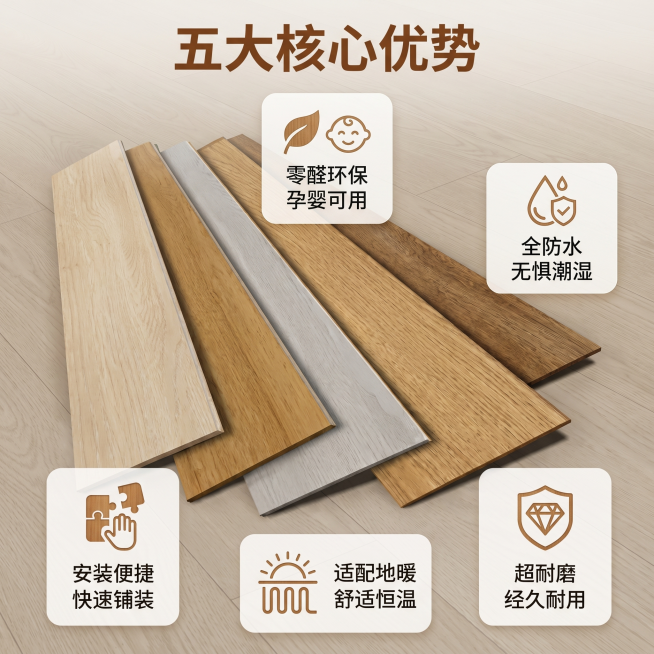 [主图 2] SPC锁扣地板核心卖点展示
[氛围风格] 家居治愈风，统一温馨风格，清晰直观
[画质] 商业摄影质感，光线柔和通透，产品清晰真实，画面干净高级
[元素] 画面中心展示多块spc锁扣地板样预览效果