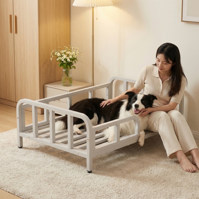 浅灰色金属框架狗床，保持原产品物理结构绝对不变，床下面没有轮子，床腿没有额外东西，床上没有床垫。产品主体不变形不扭曲。
微俯视视角，三分法构图，平稳放置在奶油风卧室的浅米色地毯上，有清晰接触阴影。
背预览效果