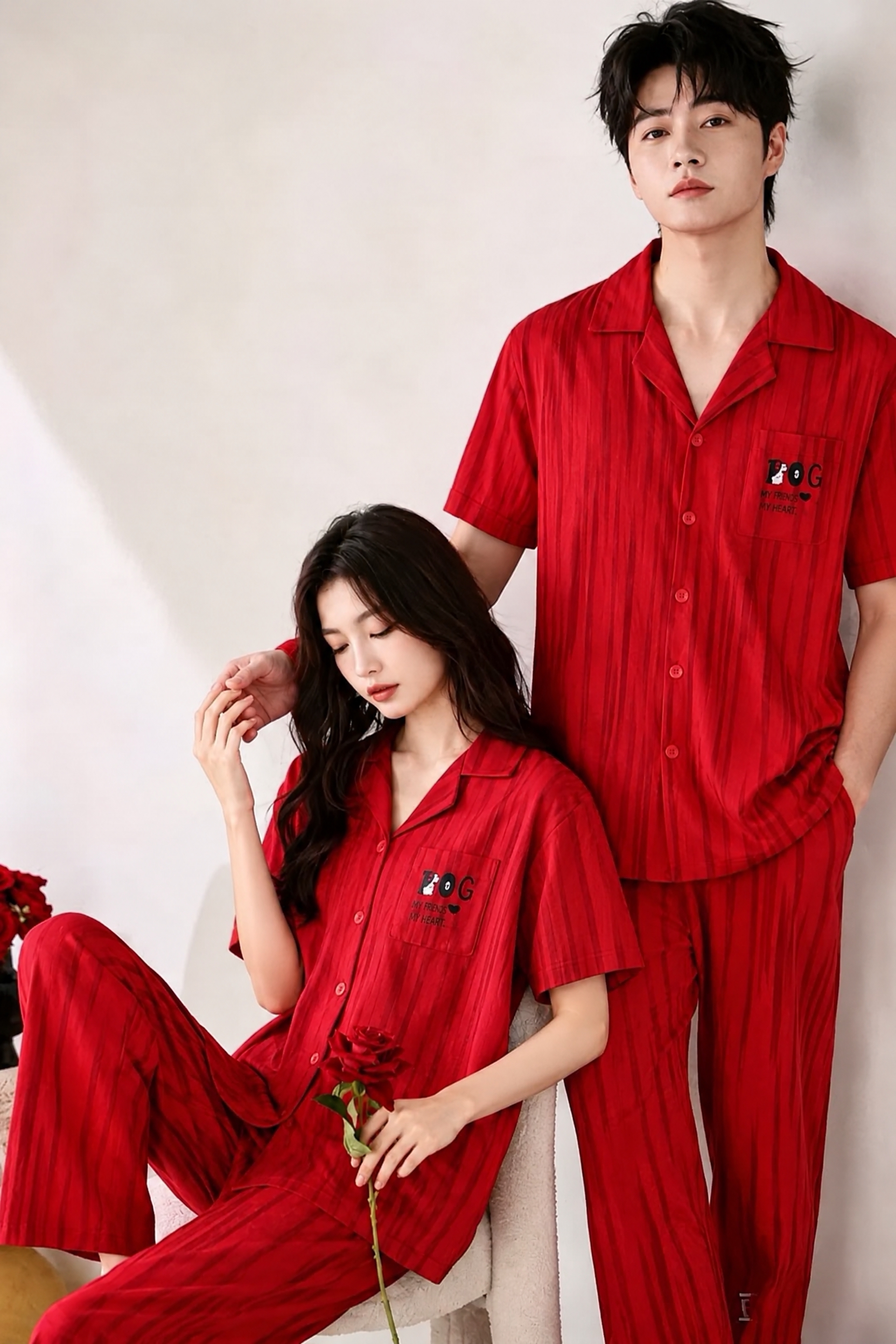 将图中男生和女生的红色睡衣长袖全部改为短袖，保持衣服的红色竖条… - 图片创意预览