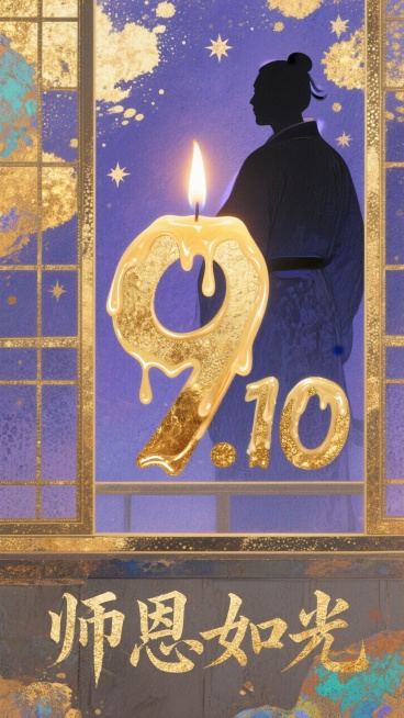 透过窗户往里面看，画面核心部分是由蜡烛蜡油构成的数字 “9.10”。蜡烛蜡油呈现出一种自然的流动质感，就像是正在融化滴落的瞬间被定格。数字边缘有细腻的纹理与光泽。烛火明亮且有柔和的光晕，背景为深邃的蓝预览效果