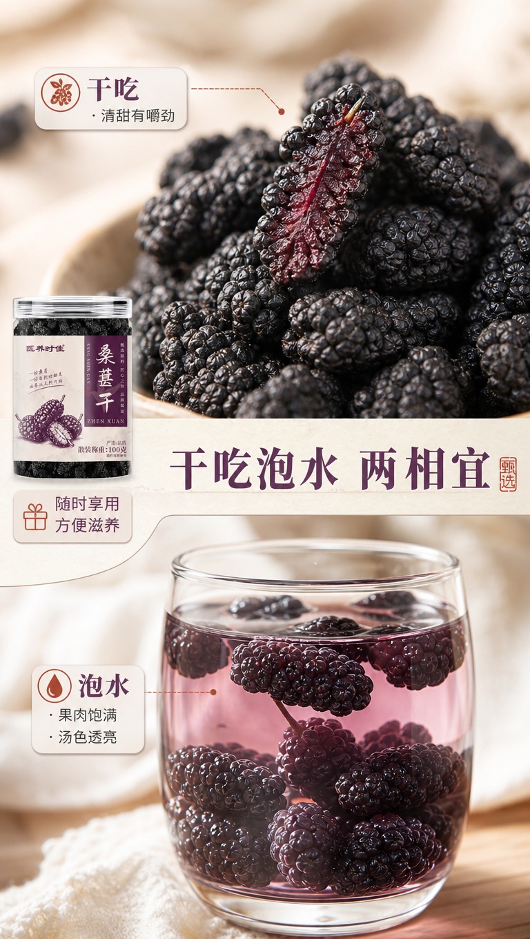 [商品] 使用【图1】医养时佳桑葚干罐装，保留罐体与标签原貌；… - 图片创意预览