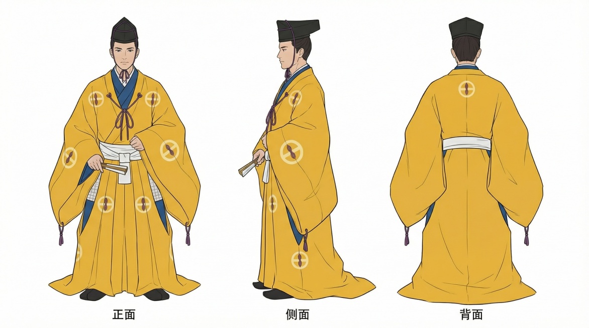 生成图中角色的三视图，正面、侧面、背面视图三图并排，同一人物统一画风统一服装统一配色，全身完整，站姿端正，比例精准，线稿精致，平涂上色，定稿级角色设计图，无背景预览效果