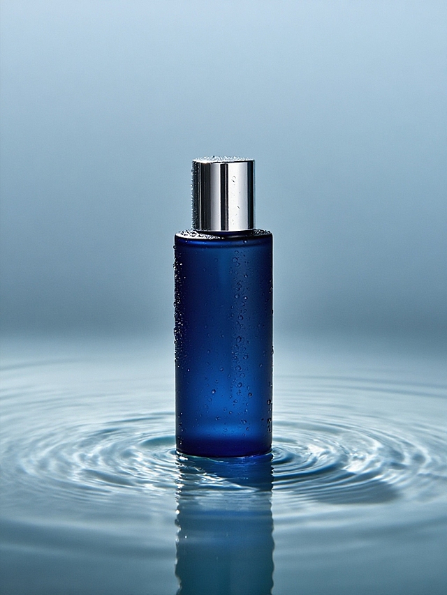 商业摄影。主体放在浅层的水中，瓶子底部泛起涟漪，瓶身有水珠，背景为渐变浅蓝色，营造出冷冽、高级的氛围，高级的光影效果。