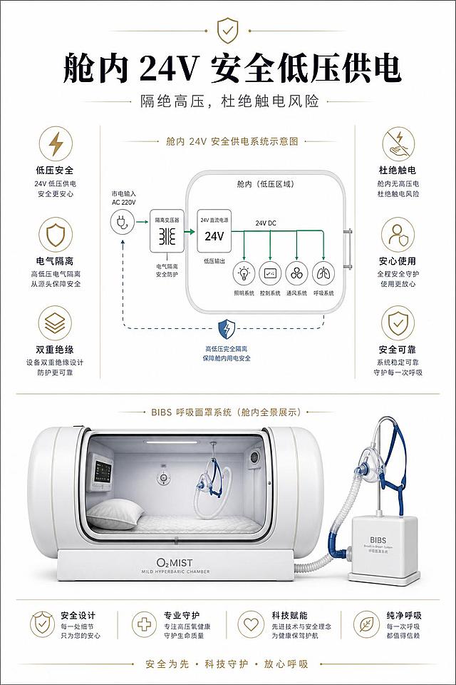 第7屏舱内用电安全板块，主标题：舱内 24V 安全低压供电，副标题：隔绝高压，杜绝触电风险；画面居中对称排版，中间放置氧舱舱内电路安全简易图解，左右两侧搭配安全警示简约图标，底部放置整套BIBS呼吸面罩系统微高压氧舱设备全貌；底色纯白留白，鎏金细线划分图文区域；设计突出安全安心调性，极简几何图标辅助解读用电优势，文字粗细对比区分标题与说明，整体极简冷淡高级质感，2:3竖版