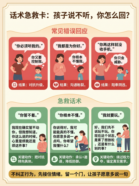 一张家庭教育实用急救卡片，扁平化矢量风格，温暖的奶油色背景。主标题为：“话术急救卡：孩子说不听，你怎么回？”。版面上下分为两部分，用柔和线条隔开。上半部分是“常见错误回应”，由三个红色卡片组成，每张卡预览效果