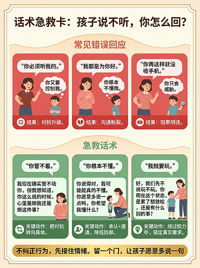 一张家庭教育实用急救卡片，扁平化矢量风格，温暖的奶油色背景。主标题为：“话术急救卡：孩子说不听，你怎么回？”。版面上下分为两部分，用柔和线条隔开。上半部分是“常见错误回应”，由三个红色卡片组成，每张卡片上分别写着家长的话、孩子的内心想法气泡和结果图标。第一个红色卡片，家长的话：你必须听我的。孩子的内心：你又要控制我。结果：对抗升级。第二个红色卡片，家长的话：我都是为你好。孩子的内心：你根本不懂我。结果：沟通断裂。第三个红色卡片，家长的话：你再这样就没收手机。孩子的内心：你只会威胁。结果：阳奉阴违。下半部分是“急救话术”，由三个绿色卡片组成，每个卡片写着：孩子顶嘴、家长回应和关键动作。第一个绿色卡片，孩子顶嘴：你管不着。家长回应：我现在确实管不动你，但我想知道，你这么说的时候，心里是烦我还是烦这件事？关键动作：把对抗转向具体。第二个绿色卡片，孩子顶嘴：你根本不懂。家长回应：你说得对，我可能真的不懂。你愿意多说一点吗，你希望我懂什么？关键动作：承认+邀请，降低防御。第三个绿色卡片，孩子顶嘴：我就要玩。家长回应：好，我们先不说玩不玩。你现在这个状态，是累了想放松，还是有什么别的事？关键动作：绕过权力争夺，锚定真实需求。最下方是金色横条，写着核心原则：“不纠正行为，先接住情绪。留一个门，让孩子愿意多说一句”。高清，文字清晰，适合做课件插图，整体排版整齐清晰。
