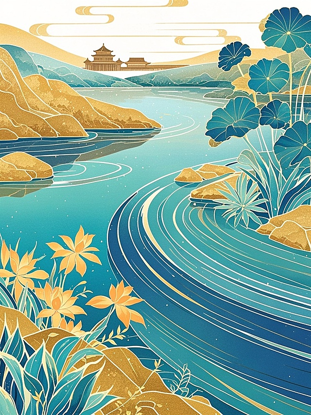 中式古典插画风，国潮元素融入虚拟自然景观，展现山水和谐之美。