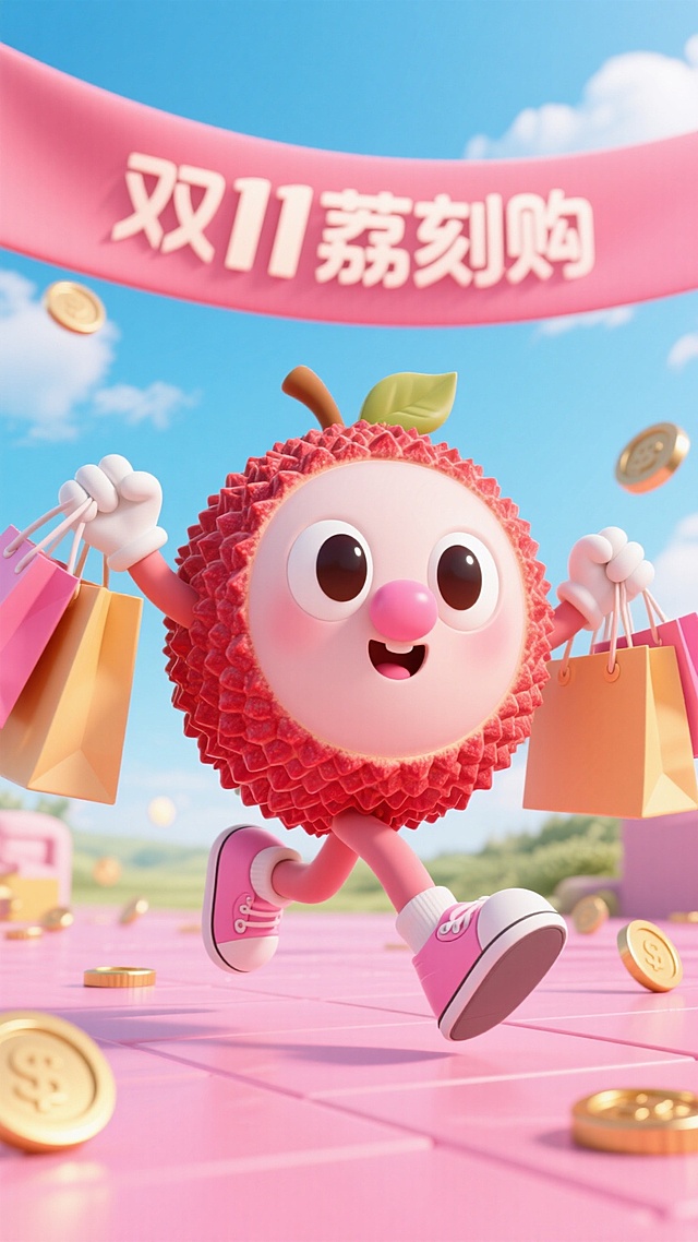 软3D风格的拟人化荔枝萌趣奔跑，手持购物袋，金币飞舞，充满可爱与卡通感，双11促销氛围浓厚，喜庆活泼。