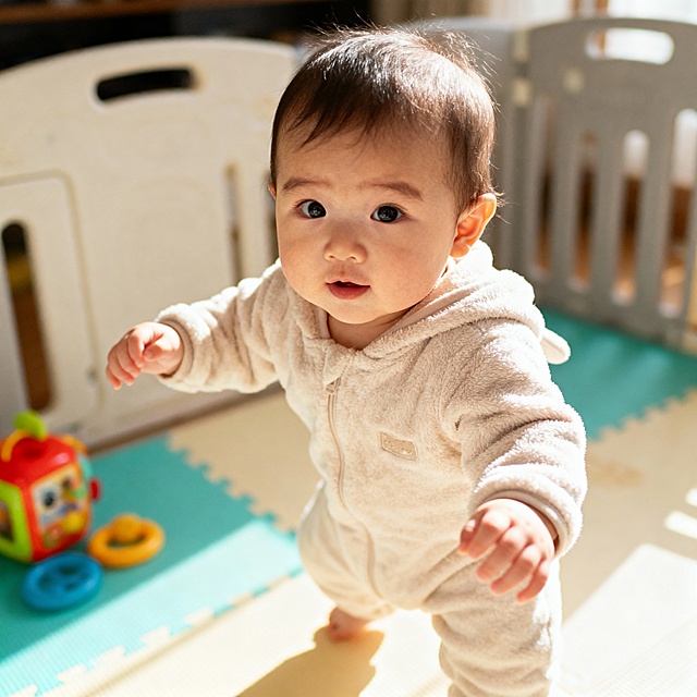 一个可爱的小宝宝正在学习走路，穿着柔软的连体衣，脸上带着好奇又有点摇晃的表情，周围有安全的爬行垫和彩色的玩具，光线明亮温暖，画面充满温馨感