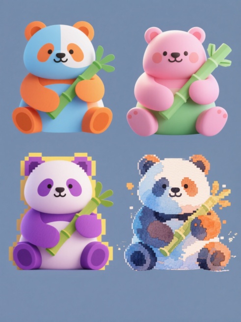 四个不同风格的熊猫系列素材集合，每个熊猫都抱着竹子，造型各异，色彩不同，规整地排列在纯色背景上。第一个熊猫是扁平剪纸风格，采用明亮的橙色和蓝色；第二个是3D立体风格，呈现出柔和的粉色和绿色渐变；第三个是像素艺术风格，使用鲜艳的紫色和黄色；第四个是水彩手绘风格，运用淡雅的蓝色和橙色。所有熊猫形象保持着圆滚滚的可爱体型，坐姿端正，面部表情温和友好，整体设计简洁明快，富有视觉冲击力。预览效果