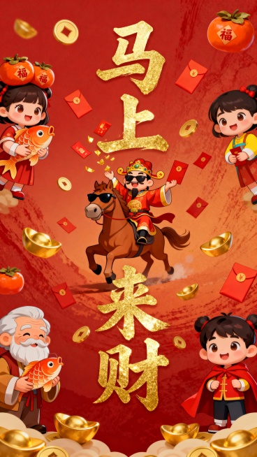 国潮卡通风格 ：主体是撒红包的财神骑着戴墨镜的潮流棕马造型。搭配多个喜庆卡通人物，顶福字柿子的女孩、抱锦鲤的老者、穿红披风的孩童。鎏金草书字体“马上来财”。背景为渐变正红色基底，点缀金元宝、红包等新年预览效果