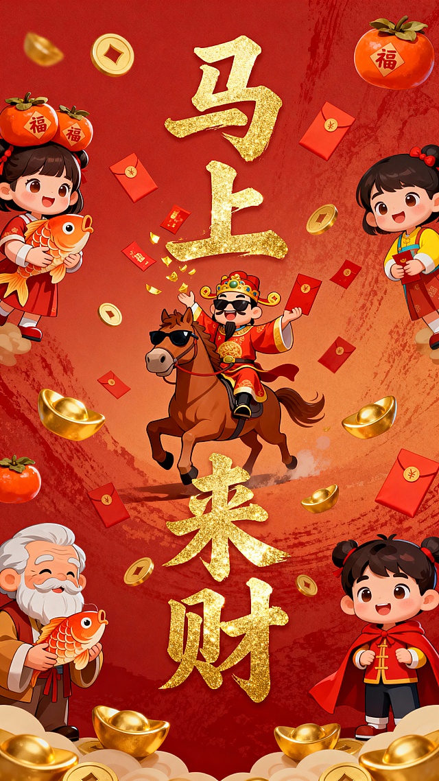 国潮风插画，卡通人物环绕“马上来财”鎏金大字，喜庆红底配金元宝、红包与福柿，寓意新年招财纳福。
