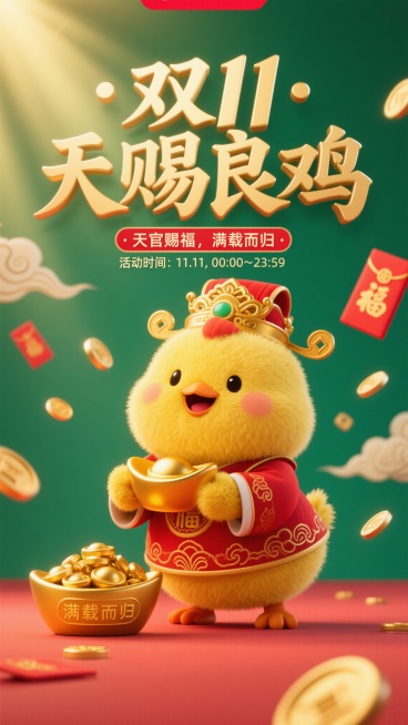 Q版毛绒风，黄色毛绒绒胖乎乎的小鸡，打扮成古风小财神，头戴古代官帽款金冠、身披红袍、手捧金元宝，表情喜悦可爱，周围飞舞金币、红包、祥云与福字，背景为金色光晕与红色节日氛围，绿背景，光效柔和、画面温暖、预览效果