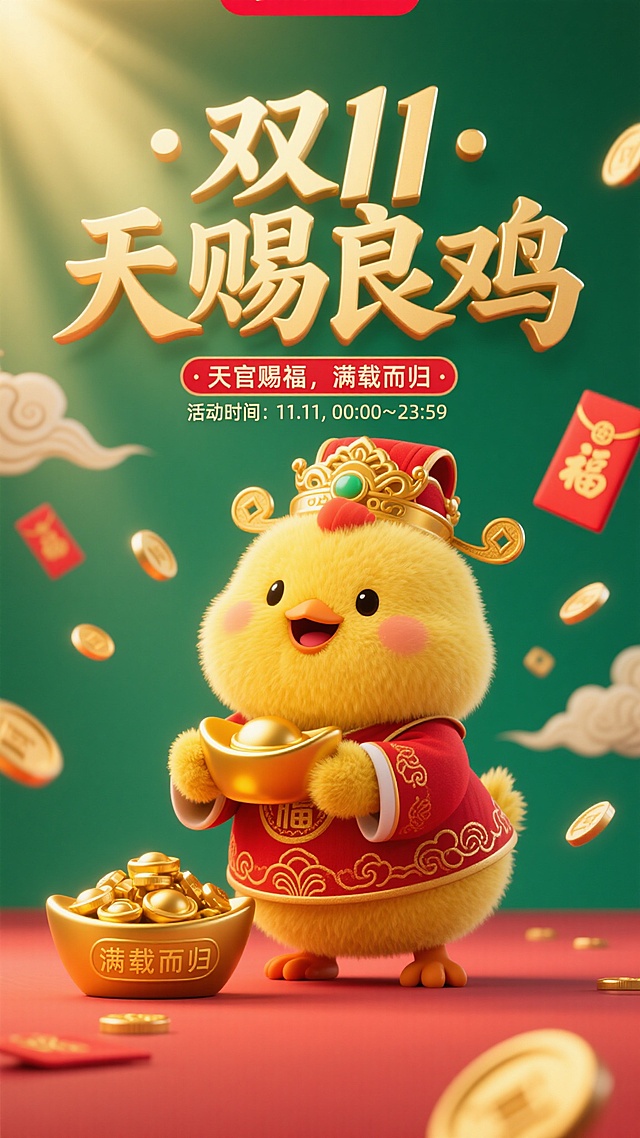 作品以国潮财神为灵感，将毛绒小鸡化身“天赐良机”的象征，寓意好运降临、满载而归。整体采用红金配色，融合祥云、铜钱、红包等中式吉祥元素，画面温暖喜庆。标题谐音幽默又寓意丰收，传递出双11购物如天赐机缘的幸福感。