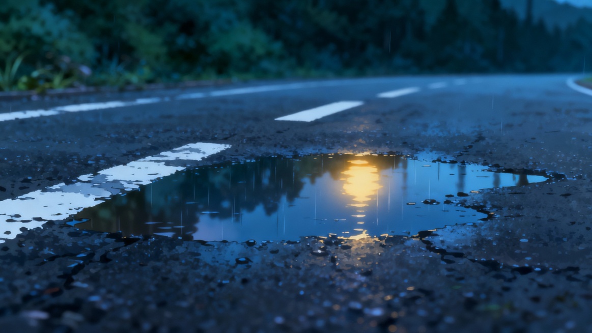 2D动漫风，Makoto Shinkai art style, 2D anime, medium shot, wet asphalt road surface, rain puddles reflec预览效果