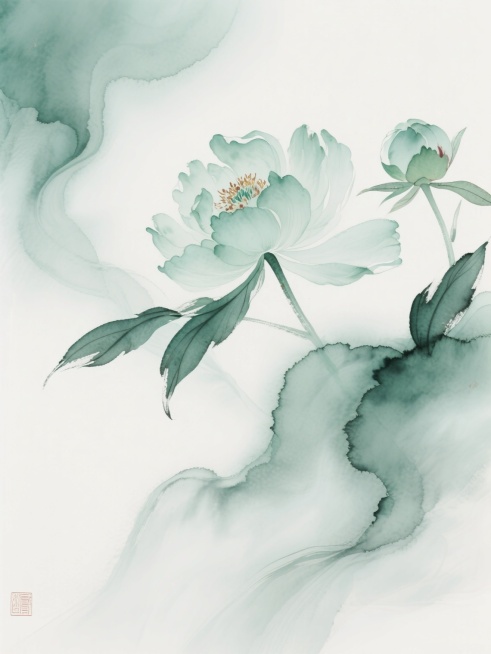 背景底色大片留白，添加艺术氛围背景，水墨晕染与烟雾熏染出梦幻写意牡丹，花瓣线条丝滑如流水般柔和自然且悠长，水墨意境，国风质感烟雾，极简，虚幻，唯美，丝滑拉长烟雾影子，禅意，超清水墨丹青，写意，极简，禅预览效果