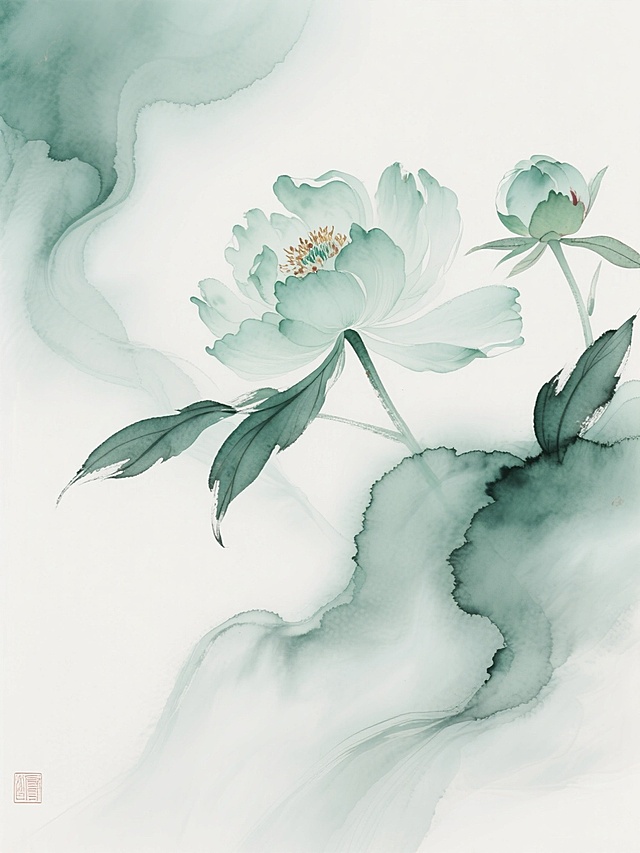 背景底色大片留白，添加艺术氛围背景，水墨晕染与烟雾熏染出梦幻写意牡丹，花瓣线条丝滑如流水般柔和自然且悠长，水墨意境，国风质感烟雾，极简，虚幻，唯美，丝滑拉长烟雾影子，禅意，超清水墨丹青，写意，极简，禅意，绝美，古风渲染，梦境，唯美，牡丹花瓣完美融合，花瓣色彩极淡且透明，重点晕染提高写意牡丹的高贵品质，淡彩电影质感，多种水绿色牡丹