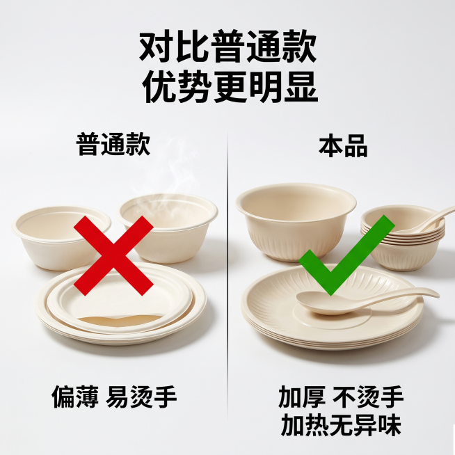 [主图 3]一次性餐具材质安全对比图，左侧为普通餐具右侧为本次产品，对比展示加厚更耐用、无异味的优势。风格延续拼多多直白带促销感，明亮干净，商业摄影质感。保持本品外观材质颜色与输入产品图一致，杜绝变形预览效果