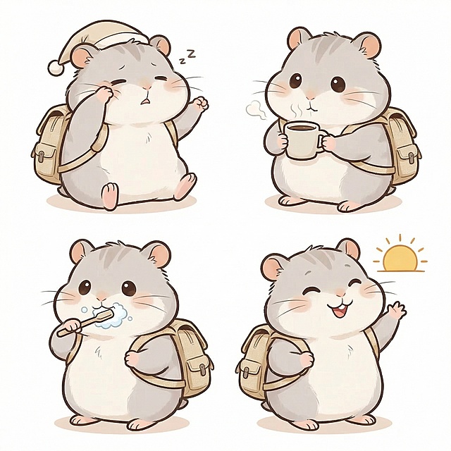 参考上传的仓鼠形象，绘制早安状态的卡通仓鼠表情包，无任何文字标签，保持原可爱画风，白色背景