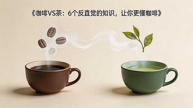 采用对称构图，留白充足，背景为干净的浅米色或浅灰色。画面左侧是深棕色的咖啡杯，里面盛放黑咖啡，杯口飘着半透明白色的热气，热气幻化成咖啡豆的轮廓；画面右侧是墨绿色的茶杯，里面盛放清茶，杯口飘着半透明白色的热气，热气幻化成茶叶的轮廓。两股热气在画面中央交汇、缠绕，形成融合的形态。画面上方添加文字标题《咖啡VS茶：6个反直觉的知识，让你更懂咖啡》