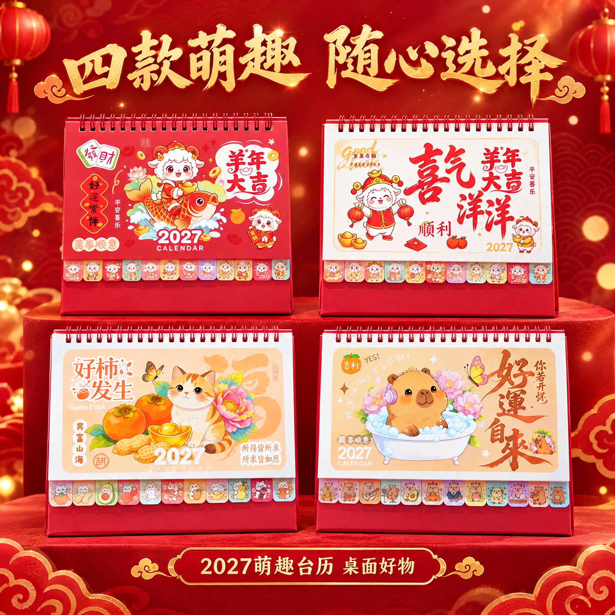 四款萌趣台历组合主图，淘宝主图规格1:1高清图。四款台历分两排… - 图片创意预览