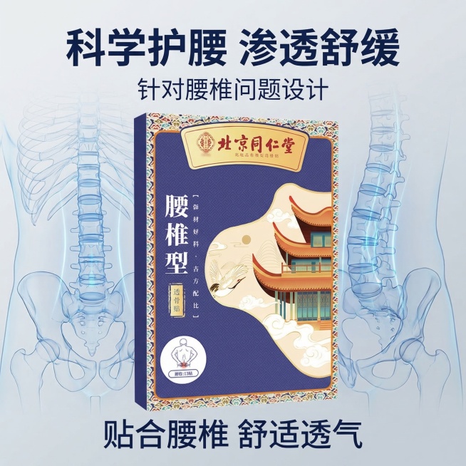 产品为北京同仁堂腰椎型透骨贴，产品外观与原图保持完全一致，居中展示，背景用浅灰色渐变简约科技风，搭配线条人体腰椎骨骼示意图，专业养生科技感，主文案“科学护腰 渗透舒缓”，副标题“针对腰椎问题设计”，卖预览效果