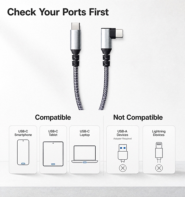 [商品] 使用【图1】Type-C to Type-C 弯头尼龙编织数据线；保留直头与90度弯头两端银色铝合金接头外壳、Type-C接口形状与朝向、黑色尼龙编织线身纹理；本张产品必须与【图1】原图保持完全相同的姿态与弯折逻辑：两个接头均位于上方、线身从接头下方自然垂出，直头端金属插头朝上，90度弯头端线身从下方接入接头并向右90度转折、金属插头朝画面右侧；严禁镜像翻转、严禁左右对称翻转、严禁把弯头转向画面上方或左侧；不改结构不改颜色，不添加品牌标识。
[画面] 目标：讲清能用与不能用。版式：兼容二分矩阵。产品位于画面顶部，按上述原图姿态陈列，两端接头完整清晰，线身自然垂出形成柔和弧线，占画面约30%；画面中部左右分栏，左栏标题 Compatible，内含三张等大圆角卡片分别标注 USB-C Smartphone、USB-C Tablet、USB-C Laptop，卡片内为简洁线性设备图形且无任何品牌标识；右栏标题 Not Compatible，内含两张等大圆角卡片分别标注 USB-A Devices 与 Lightning Devices，卡片内为对应接口线性图形并配中灰叉号标记，USB-A Devices 卡片内加一行更小号英文 Adapter Required；左右分栏用细浅描边分隔，不使用红黑强冲击对比色。三层视觉层次：顶部产品主视觉、中部兼容卡片矩阵、底部浅灰背景延展与柔和投影。
[视觉] 套系策略：风格=跨境B2B科技数码极简商业信息图；标题字=现代无衬线粗体；正文字=简洁无衬线体；主色=浅灰白；背景延展=基于浅灰白做深浅层级、同色渐变与细腻微水泥和纸张纹理；强调色=科技蓝，仅用于小面积图标、引线、标签与数据高亮；标题色=深石墨灰；正文色=中灰；组件=圆角矩形浅底信息卡、细浅描边、细线引线与圆形线性小图标；光影=左前上方四十五度冷白柔光。
[文字] 主标题横向排版、左对齐：Check Your Ports First；左右栏标题 Compatible 与 Not Compatible；五张卡片标签小号英文；文字不遮挡产品主体，字色只用标题色与正文色两种。
[规格] 图片比例15:16竖版，4K，避免弯头方向翻转、镜像反转、变形、错字、文字过小、竖排文字、品牌Logo、平台Logo。