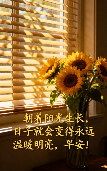早安海报，温馨氛围感，窗边摆放着一束向日葵，阳光透过百叶窗洒下斑驳光影，添加文字"朝着阳光生长，日子就会变得永远温暖明亮，早安！"，暖黄色调，治愈温馨预览效果