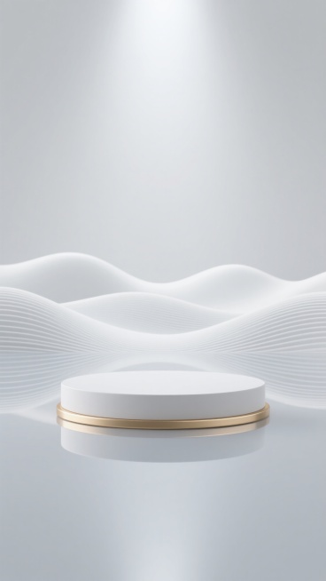 极简主义3D渲染背景，整体采用纯净的浅灰白色调，柔和均匀的光源从顶部照射，营造出明亮通透的氛围。画面底部是光滑如镜的水面，清晰倒映出上方物体的轮廓，水面上有细微的水平波纹纹理。中央位置有一个圆形的白色展示台，台面边缘有一圈精致的金色细边，台体呈现出轻微的立体感和细腻的哑光质感。背景远处是连绵起伏的白色波浪形态，线条流畅柔和，与前景的展示台形成呼应，整体构图简洁大气，留白充足，具有强烈的现代设计……预览效果