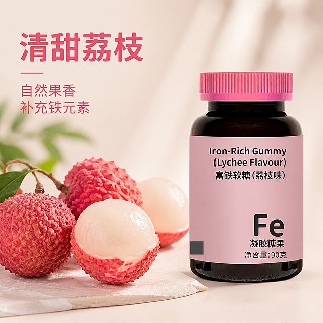 [主图-2] 富铁软糖核心成分展示图，整体风格简约大气电商风。保持富铁软糖瓶身外观（物理结构、材质质感、颜色）与输入产品图绝对一致，杜绝任何变形和色差，精细化处理。瓶身放置在画面右侧，周围摆放新鲜完整荔枝和切开的荔枝果肉作为原料展示，仅展示荔枝不要展示软糖。画面干净清透，突出原料天然真实。商业摄影质感，光线柔和通透，产品清晰真实，画面干净高级。光影采用自然柔光，荔枝果肉呈现通透水润光泽。主色调浅米白搭配粉色荔枝，干净简约。右侧瓶身左侧果材，中心平衡构图，画面满屏无边框。文字版式：左侧上方标题“清甜荔枝”，加粗深粉色大字；下方分两行展示核心卖点“自然果香”“补充铁元素”，小号同色字左对齐，不遮挡荔枝。1:1比例，2k分辨率，文字清晰锐利，画面超高清。负向提示词：变形，文字错乱，产品图模糊，背景杂乱，水印，电商平台Logo，出现软糖实物，其他水果