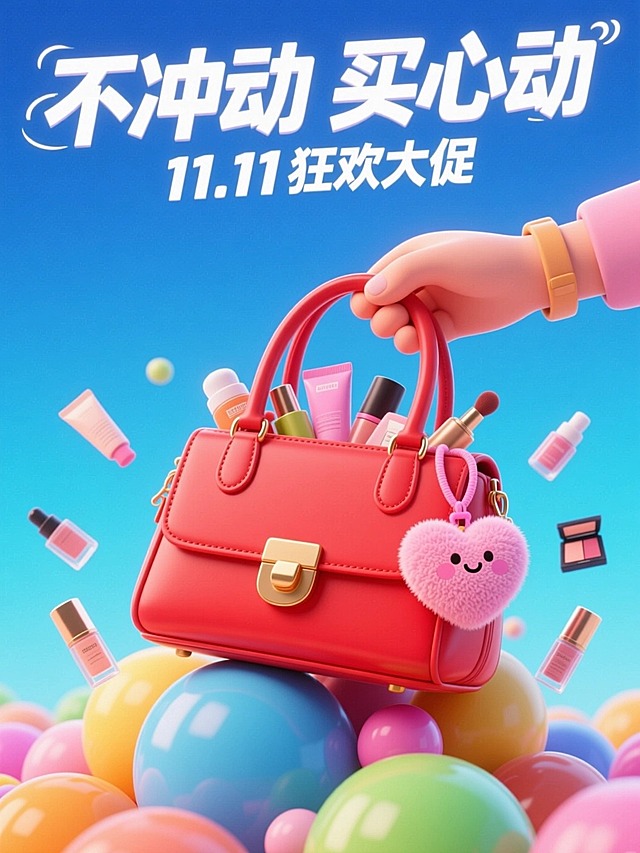 3D 卡通风格。上方有白色艺术字标题 “不冲动 买心动” 以及白色副标题“11.11狂欢大促” 。画面中心是一个放在各色球体上的红色的手提包，包内装满了美妆产品，还有一个粉色带可爱表情的毛绒爱心挂件，一只手正提着包的手柄。点缀各种美妆产品小样。蓝色渐变背景
