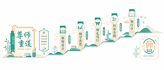 按照参考图片风格，生成一张适合中学楼梯间的校园文化平面矢量图，主题内容为尊师重道，使用浅橙青绿色调，图形线条清晰工整，无错别字，阶梯式排版设计