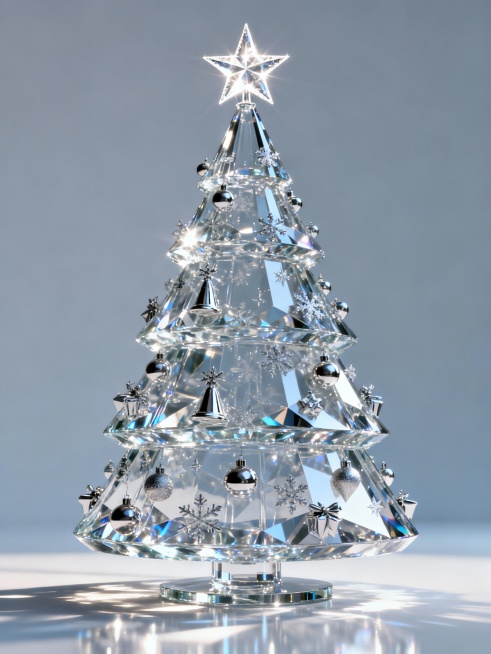 A giant, futuristic Christmas tree stands in the center of the image. Made of transparent glass, it'预览效果