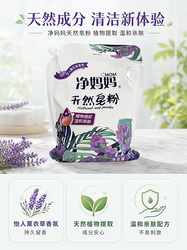 [第3屏] 核心卖点解析，说明净妈妈天然皂粉植物提取温和亲肤特点。
[氛围/风格] 自然清新品质风，真实柔和质感，突出天然健康属性
[元素布局] 上下分栏构图，上方放置【图1】完整产品展示，保留包装结构文字颜色不变；下方通过三个图标卡片分别介绍三大核心卖点：薰衣草香氛、植物提取、温和亲肤，每个卖点配简约小图标和简短说明
[光影质感] 整体光线均匀柔和，商品光影自然，卡片信息清晰突出
[配色色系] 全局底色 #f3f7f5，主色产品原有的薰衣草紫，清新绿色作为卖点卡片点缀，配色干净协调
[视角构图] 上下结构，从上到下阅读，产品展示在上，卖点说明在下，信息层级清晰
[文字版式] 顶部标题「天然成分 清洁新体验」，下方三个卖点卡片横向排列，每个卡片标注卖点名称和短句说明：「怡人薰衣草香氛 持久留香」「天然植物提取 成分安心」「温和亲肤配方 不易刺激」，文字清晰不拥挤，适配移动端阅读
[比例分辨率] 3:4 竖版比例，4K分辨率，文字清晰可辨，高清画质
[负向提示词] 商品变形，包装文字错乱，虚假宣传，极限词，背景杂乱，文字模糊