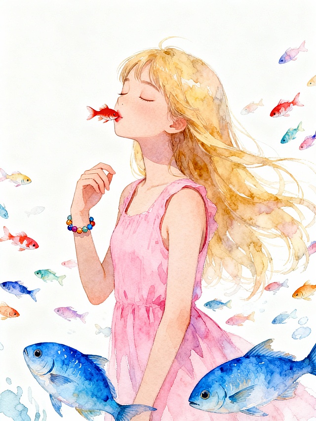 水彩风格插画，画面中央一位闭着双眼的金发少女，她穿着粉色无袖连衣裙，长发随风飘逸，右手轻抬至胸前，手腕戴着彩色串珠手链。少女唇边有一条红色小鱼，周围环绕着许多彩色小鱼，下方有两条蓝色大鱼。整体色调柔和清新，以粉色和蓝色为主，水彩晕染效果自然，笔触轻盈通透，营造出梦幻宁静的氛围，背景为纯净的白色，突出主体人物和海洋生物的灵动。