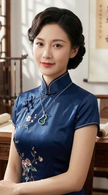 把这条项链佩戴在以为中国女性的身上，旗袍预览效果