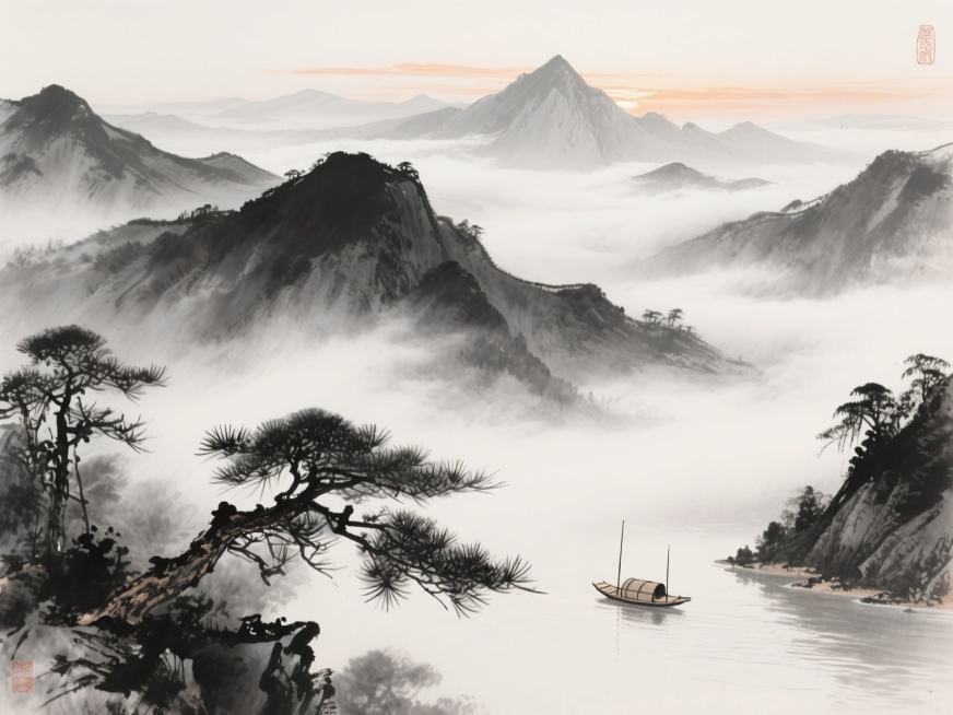 俯瞰视角，中国水墨意境的山水长卷在晨雾中徐徐展开，近处苍劲的松枝以焦墨勾勒，松针如剑般刺破薄雾，中景层叠的山峦以浓淡不一的墨色晕染出阴阳向背，山脊线在湿润的宣纸上自然渗化出朦胧的轮廓，远处淡墨渲染的峰峦在云海中若隐若现，几缕淡赭色的晨光穿透云层洒在最高的峰顶，留白处的云雾以飞白笔法表现出流动感，一叶孤舟在山脚下的江面若隐若现，整幅画面呈现出"墨分五色"的层次感与东方哲学的空灵意境。预览效果