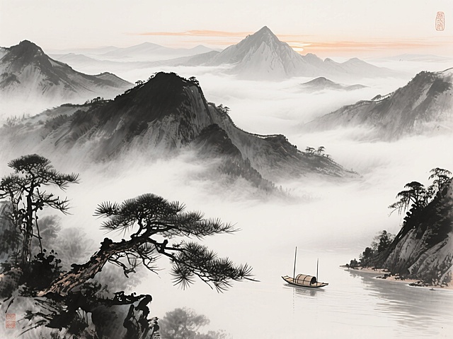 俯瞰视角，中国水墨意境的山水长卷在晨雾中徐徐展开，近处苍劲的松枝以焦墨勾勒，松针如剑般刺破薄雾，中景层叠的山峦以浓淡不一的墨色晕染出阴阳向背，山脊线在湿润的宣纸上自然渗化出朦胧的轮廓，远处淡墨渲染的峰峦在云海中若隐若现，几缕淡赭色的晨光穿透云层洒在最高的峰顶，留白处的云雾以飞白笔法表现出流动感，一叶孤舟在山脚下的江面若隐若现，整幅画面呈现出"墨分五色"的层次感与东方哲学的空灵意境。