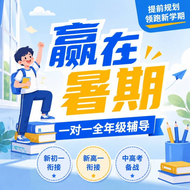 扁平插画风格教育培训海报，延续参考图蓝黄清新配色，1:1正方形比例，突出主文案。主标题蓝黄撞色放大写"赢在暑期"，蓝色横幅副标题写"一对一全年级辅导"，左侧男生站在书本旁举拳加油，底部三个圆形标签写"预览效果