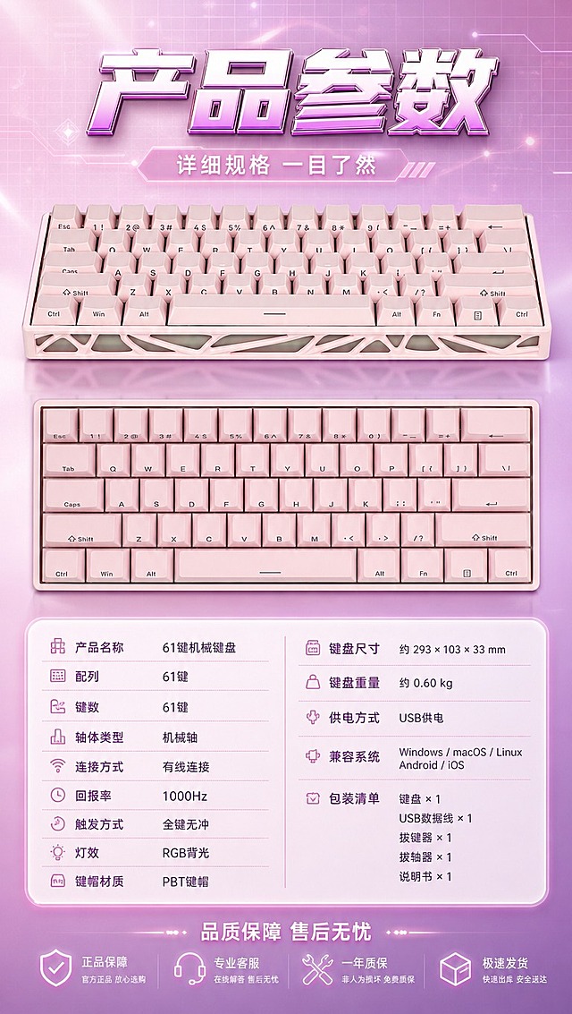 [商品] 使用【图2】【图7】粉色机械键盘正视图与顶视图；保留61键配列、粉色键帽、镂空侧面、所有按键字符与颜色材质。
[画面] 页面目标：产品参数信息收口页。构图：顶部大标题，上半部分键盘正视图展示全貌，背景为粉紫渐变，下半部分参数表格，表格分左右两列，左侧参数项右侧参数值，表格为粉白渐变圆角卡片样式。底部加一行售后/保障说明。阅读动线从上到下。
[视觉] 套系策略：风格=粉紫甜酷电竞风3D渲染；标题字=粗黑体金属质感带粉紫渐变描边；正文字=简洁无衬线体；主色=樱花粉+香芋紫+奶白；背景延展=粉紫渐变底+细粉色网格+柔和光效；强调色=粉紫渐变光效+冰粉高光；标题色=白粉紫金属渐变；正文色=深粉紫+奶白；组件=圆角参数表、粉色分隔线、规格标签；光影=顶部柔光+产品轮廓光。
[文字] 顶部主标题「产品参数」，副标题「详细规格 一目了然」。参数表包含：产品名称、配列、键数、轴体类型、连接方式、回报率、触发方式、灯效、键帽材质、键盘尺寸、键盘重量、供电方式、兼容系统、包装清单。底部一行「品质保障 售后无忧」。文字均横排，表格清晰可读。
[规格] 图片比例9:16竖版，4K分辨率，避免变形、错字、文字过小、参数虚构、颜色改变、深色冷蓝背景。