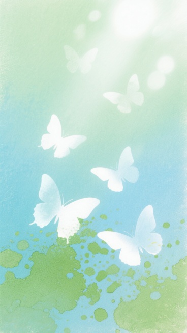 柔和渐变的浅绿色与淡蓝色水彩质感背景，画面中分布着轻盈半透明的白色蝴蝶剪影，底部点缀着不规则的绿色斑驳纹理，整体呈现出朦胧梦幻的水彩晕染效果，光线从上方洒下形成柔和的光斑，营造出宁静清新的自然氛围，无任何文字和水印元素。预览效果