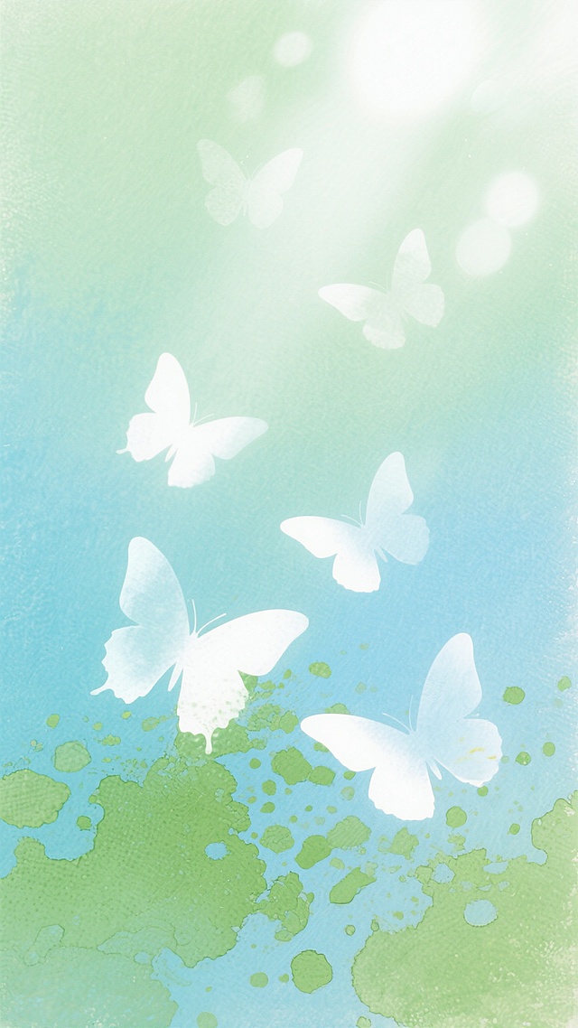 柔和渐变的浅绿色与淡蓝色水彩质感背景，画面中分布着轻盈半透明的白色蝴蝶剪影，底部点缀着不规则的绿色斑驳纹理，整体呈现出朦胧梦幻的水彩晕染效果，光线从上方洒下形成柔和的光斑，营造出宁静清新的自然氛围，无任何文字和水印元素。
