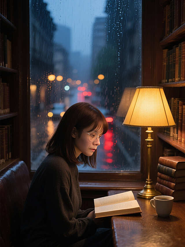 雨夜窗边，暖灯伴读，复古书屋氤氲着静谧与文艺气息，光影交织如油画，胶片质感诉说时光温柔。