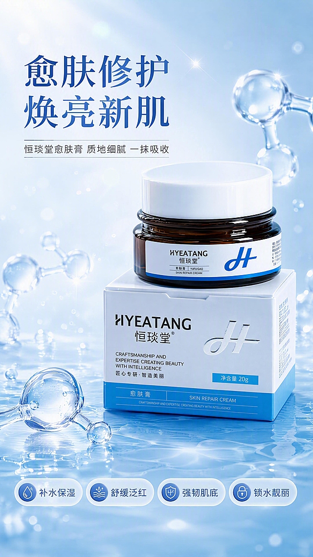 电商详情页头图海报，恒琰堂愈肤膏产品全貌展示。画面主体是棕色玻璃膏瓶叠放在白色蓝边外盒上，产品包装结构、颜色、Logo文字与参考图完全一致，不变形。产品位于画面中偏右，占比约55%，45度斜侧视角。背景是浅蓝渐变水光质感，点缀透明水分子和微光粒子，前景有淡蓝色水波纹台面承托。左上角是标题区，底部有4个胶囊形利益图标。整体风格清爽明亮，专业护肤高级感，蓝白主调，商业摄影质感，光影通透明亮。画面文字：左上主标题'愈肤修护 焕亮新肌'，副标题'恒琰堂愈肤膏 质地细腻 一抹吸收'；底部4个胶囊分别写'补水保湿''舒缓泛红''强韧肌底''锁水靓丽'。