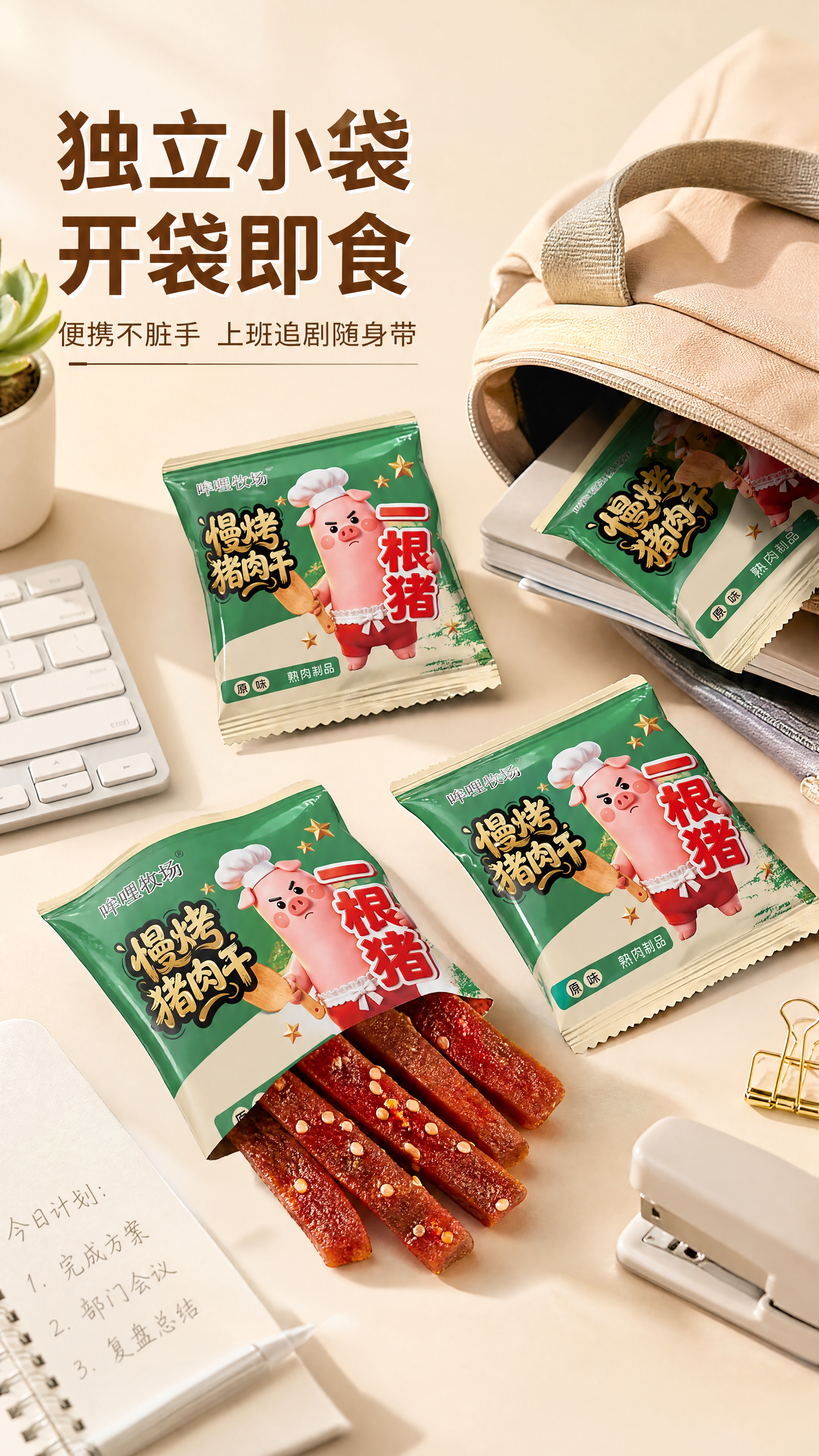 拼多多卖点图独立包装，浅米色背景明亮生活化。几袋独立小包装猪肉… - 图片创意预览